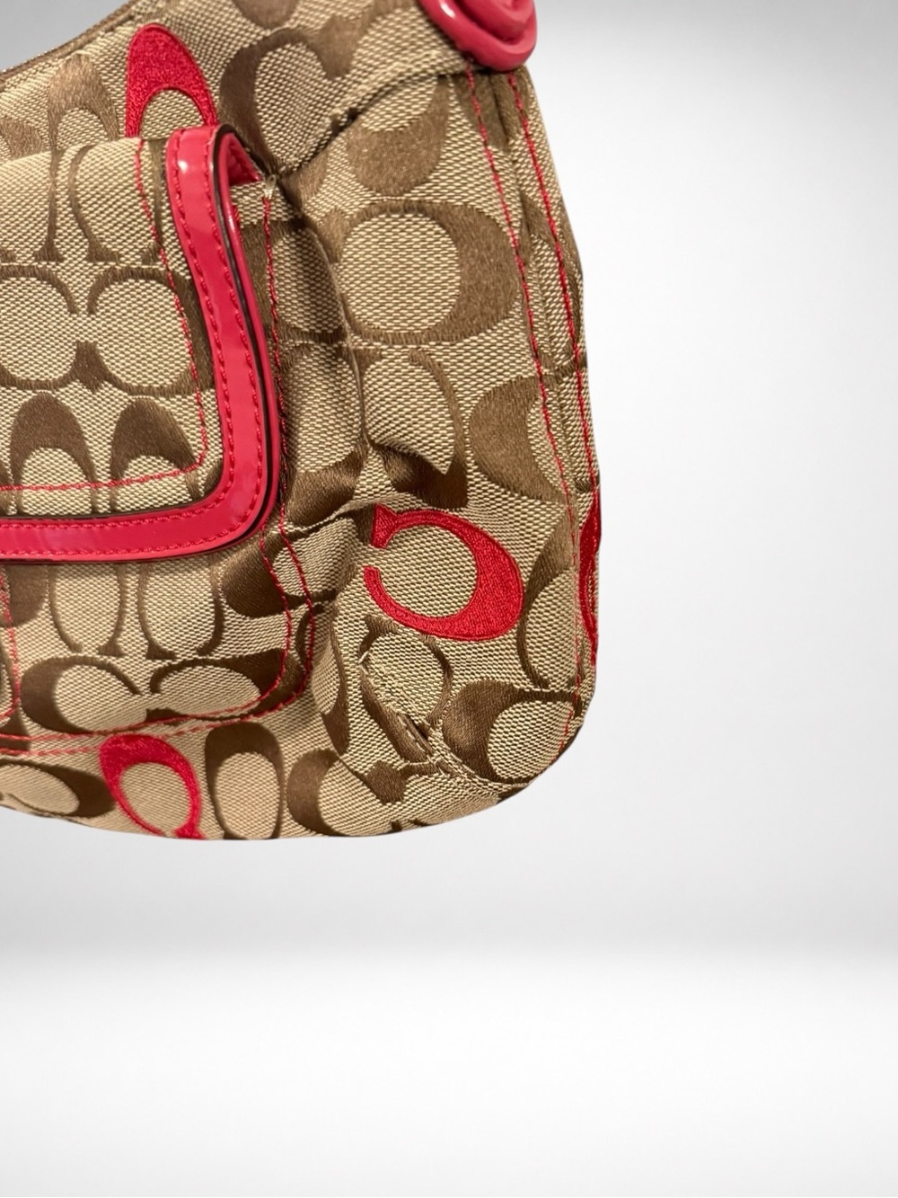 COACH Soho 2 Way Signature Canvas Shoulder Bag Khaki Pink Patent Leather 21623 - Picture 5 of 14